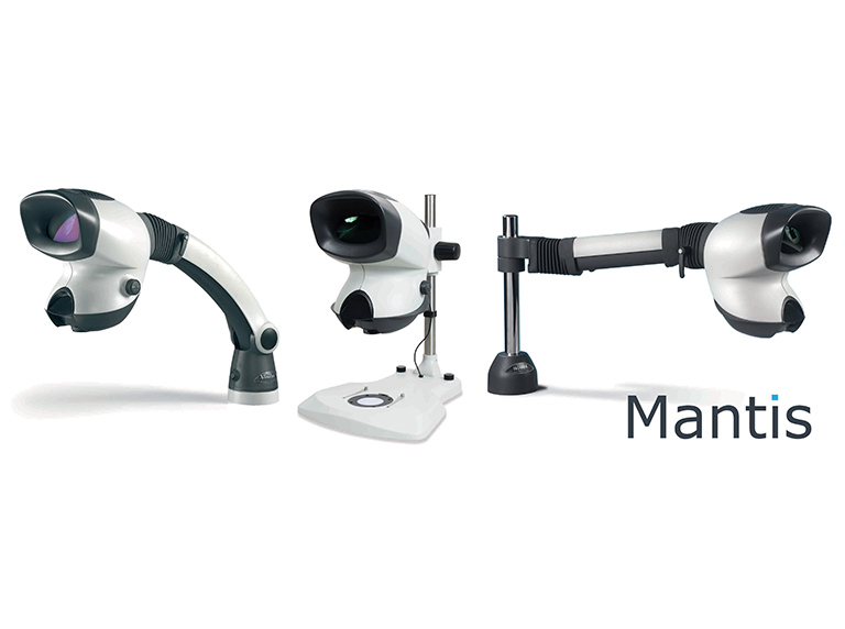 Mantis Classic ergonomic stereo microscope on 3 different stand configurations