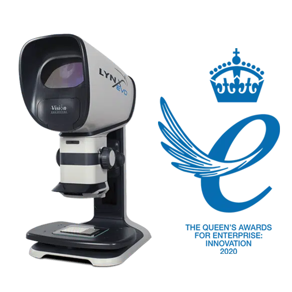 Lynx EVO ergonomic stereo microscope with Queens Award blue logo