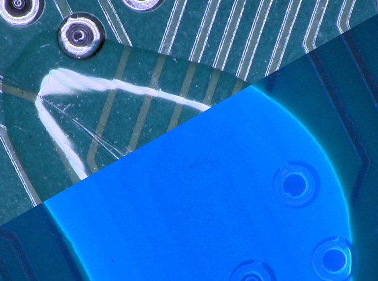 PCB under UV fluorescing