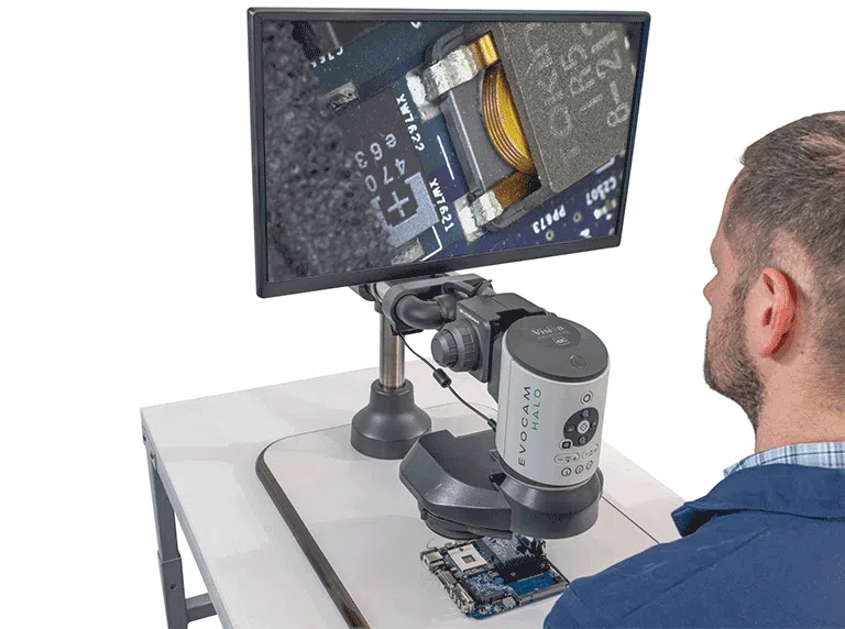 evocam_halo_082_multiaxis_mount_shoulder_ODV-PCB-768×572 Electronic PCB component shown magnified on monitor using EVO-Cam II digital microscope