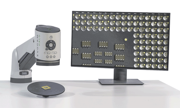 evocam_halo_105_verso_angled_right_monitor_squarePCB-600×360 Monitor mounted on digital microscope showing metal precision components