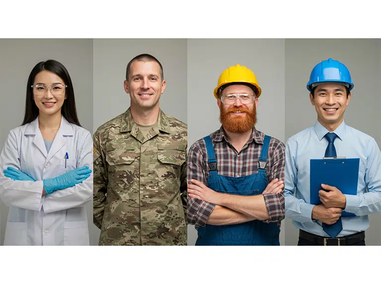 A photo of 4 people from different working sectors, medical, military, skilled labor and engineering